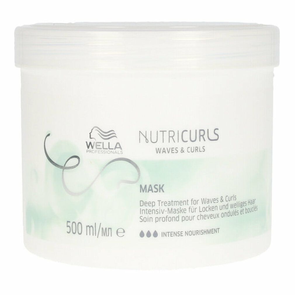 Weiße Dose mit Wella Nutricurls Mask. Text: Intensiv-Maske für Locken und welliges Haar. 500 ml.
