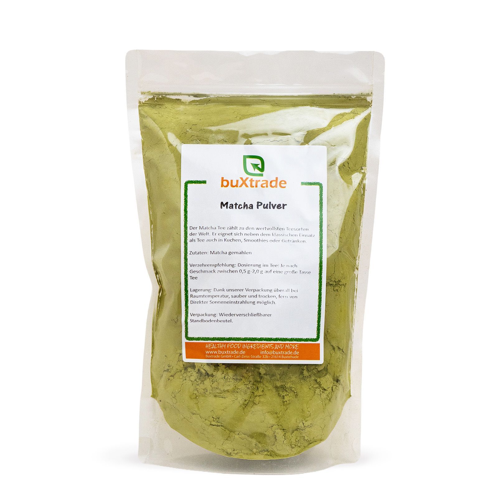 Transparente Verpackung mit Matcha-Pulver. Aufdruck: buXtrade Matcha Pulver.