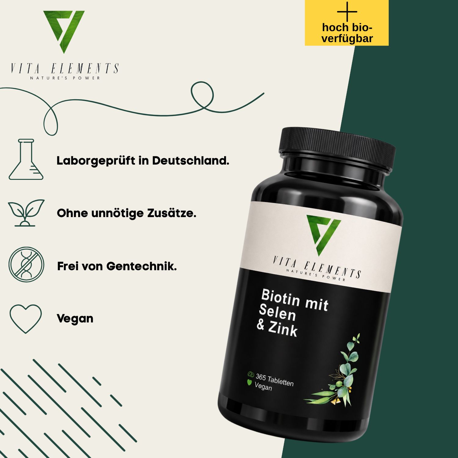 Vita Elements Biotin mit Selen & Zink Flasche, laborgeprüft, vegan.