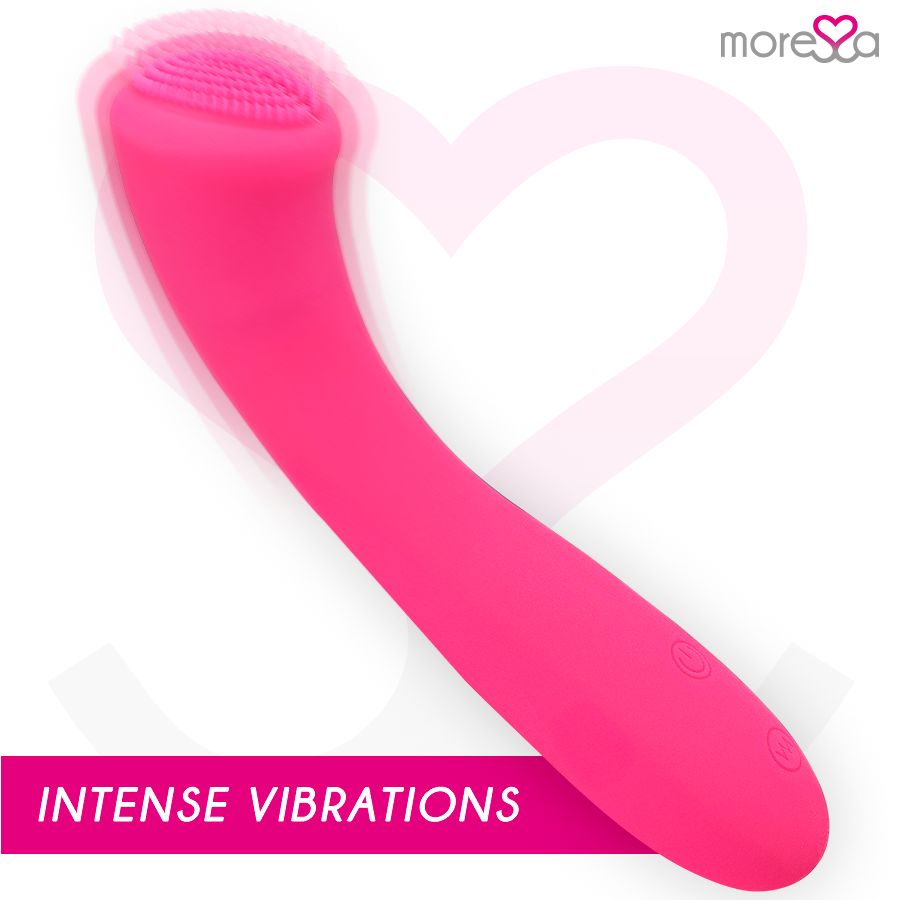 Pinker Silikon-Vibrator mit Bürstenkopf und Ladeanschluss, in Bewegung dargestellt.
