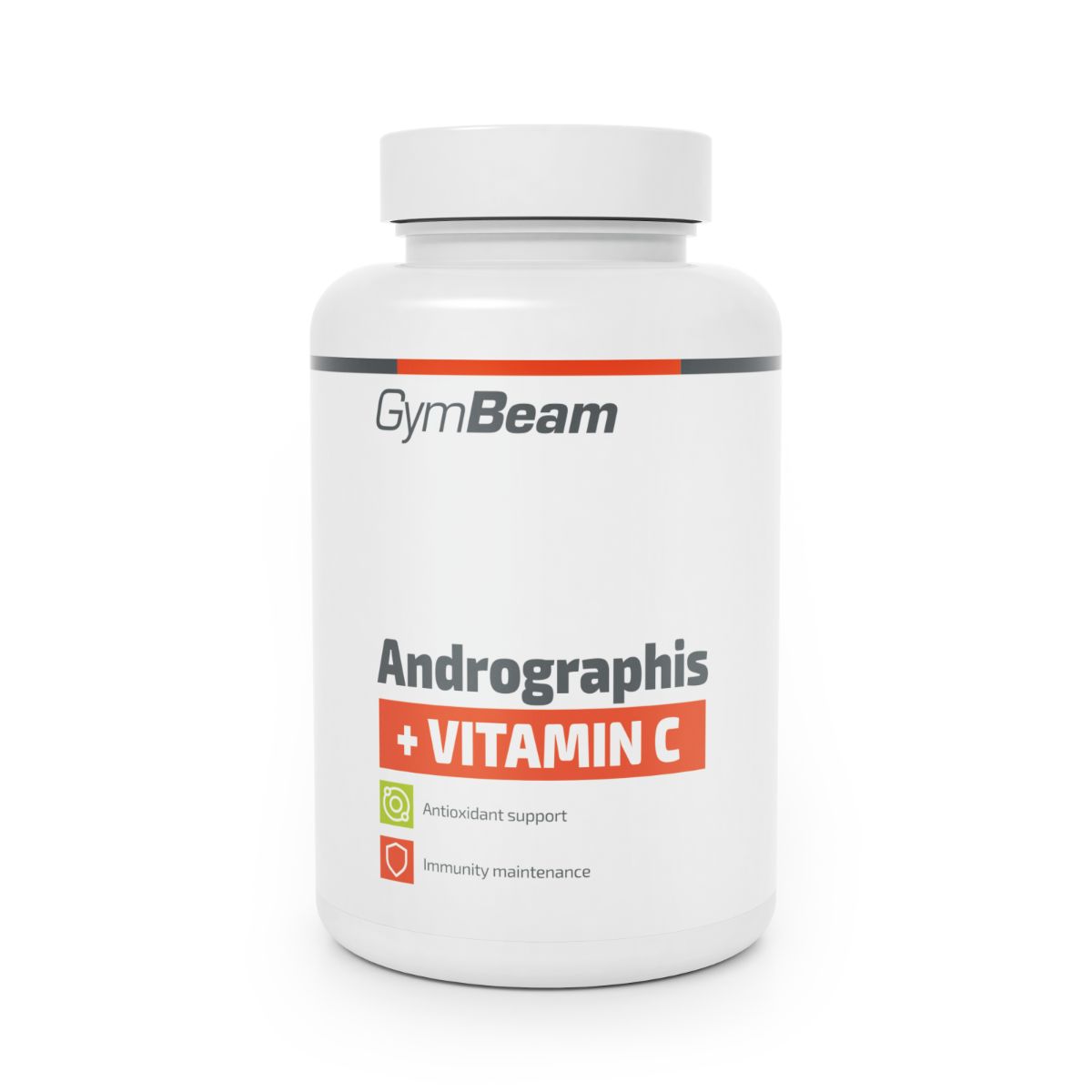 GymBeam Andrographis + Vitamin C Kapseln: Weißer Behälter mit orange-rotem Etikett. Enthält Antioxidantien und unterstützt die Immunität.