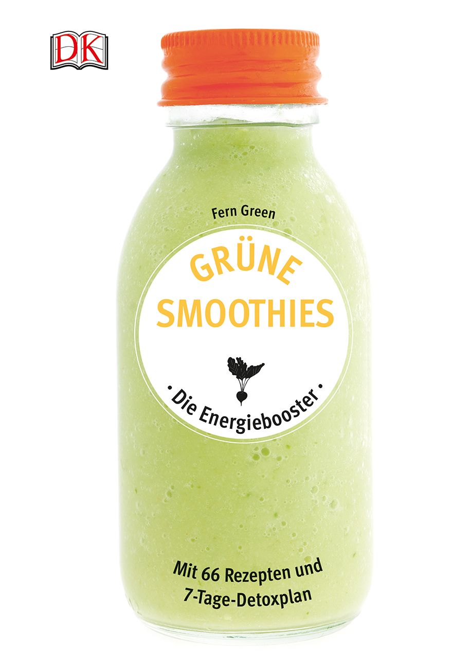 Grüner Smoothie in einer Glasflasche mit orangefarbenem Deckel. Auf dem Etikett steht "Grüne Smoothies - Die Energiebooster".