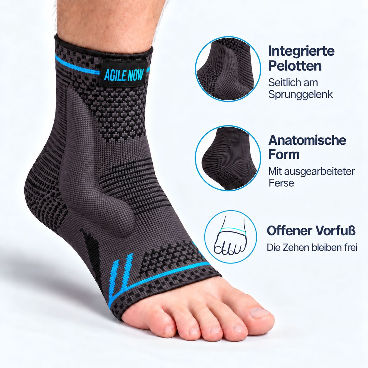 Schwarze Sprunggelenkbandage mit blauen Streifen, integrierten Pelotten und offenem Vorfuß.