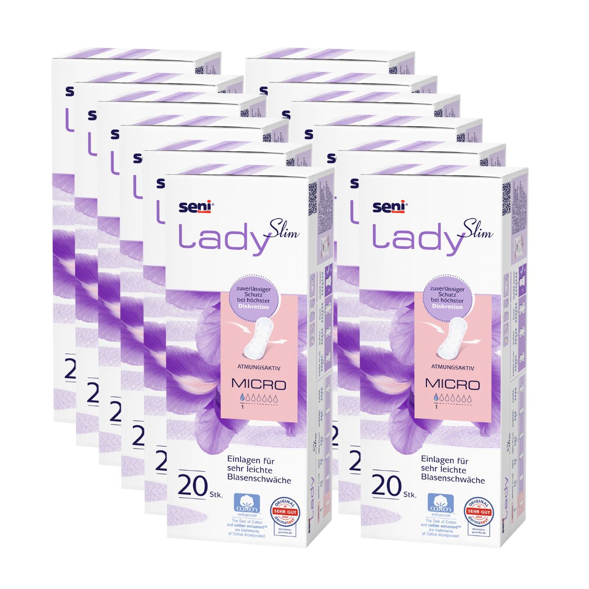 Mehrere Packungen Seni Lady Slim Micro. Verpackung mit Produktname, Blütenmuster und Produktinformationen.