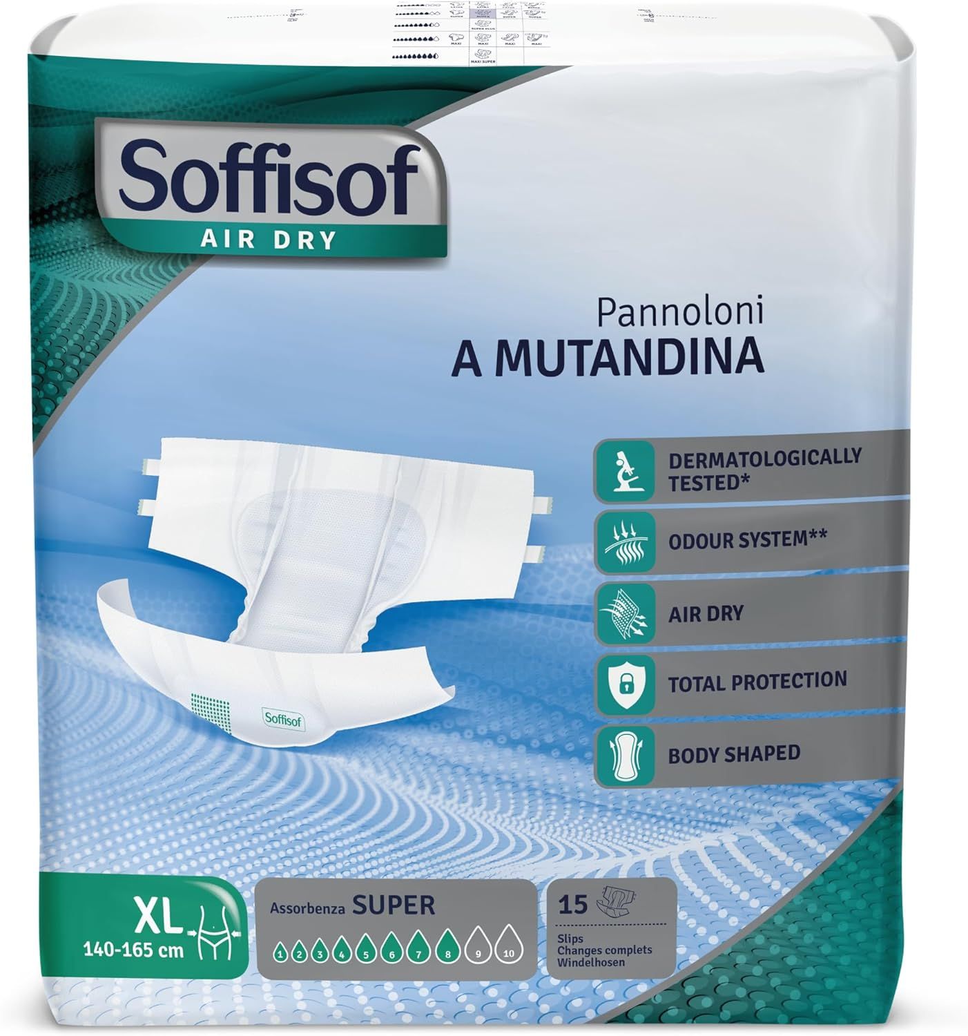 Verpackung von Soffisof Air Dry Windeln für Erwachsene Super, XL, 15 Stück. Merkmale: dermatologisch getestet, Geruchssystem, Air Dry, Total Protection, Body Shaped.