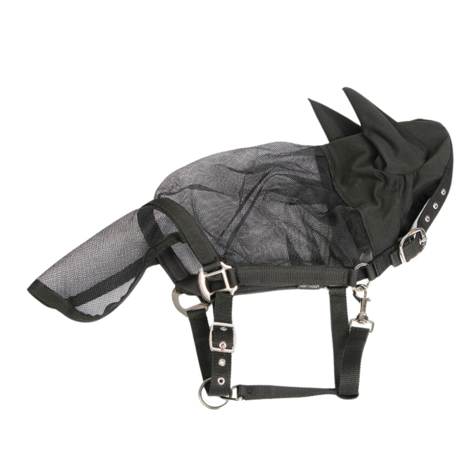 Schwarze Fliegenmaske mit Ohren und Nasenschutz. Netzmaterial, Riemen mit Schnallen und Karabinerhaken.