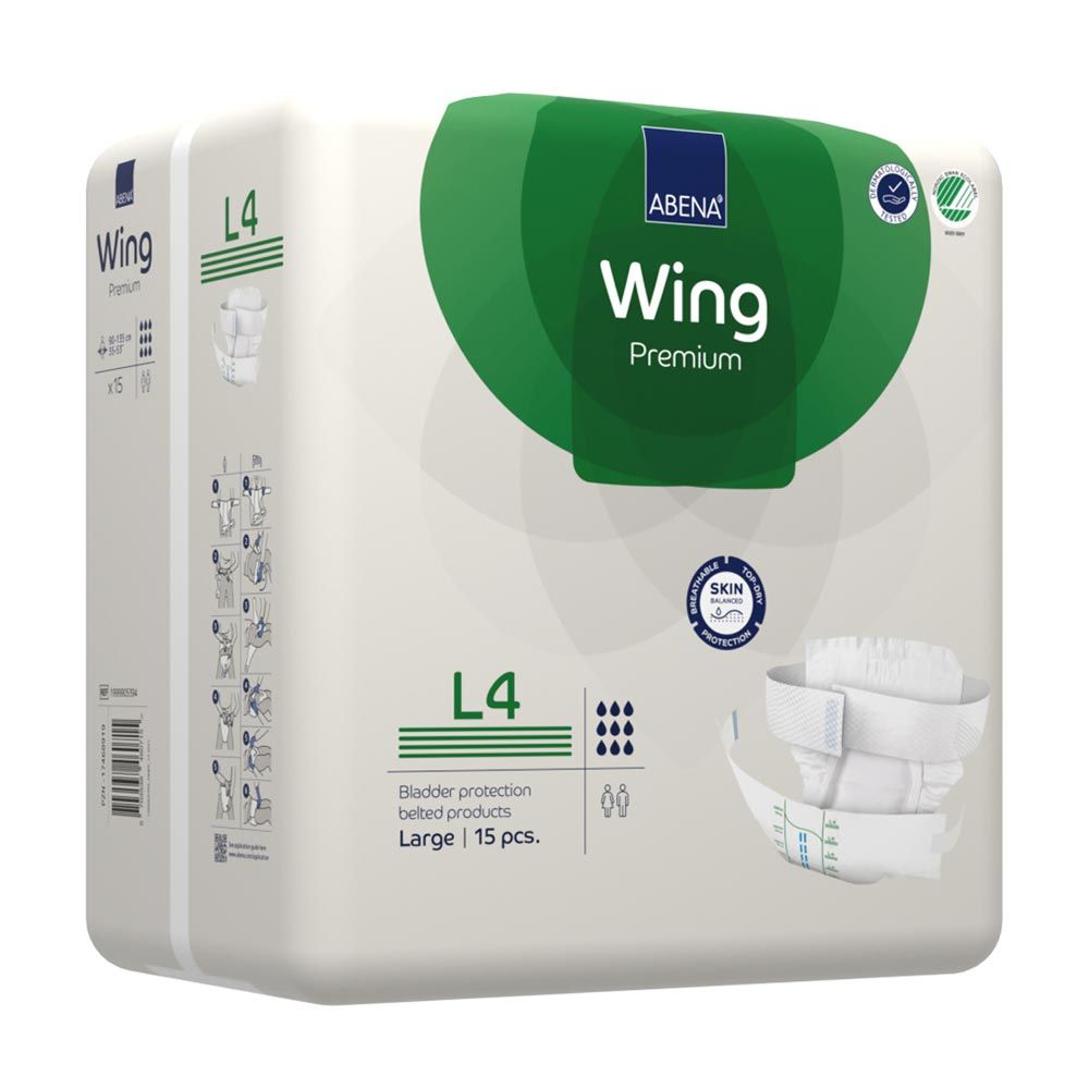 Verpackung mit ABENA Wing L4. Auf der Verpackung steht "Wing Premium" und "L4".