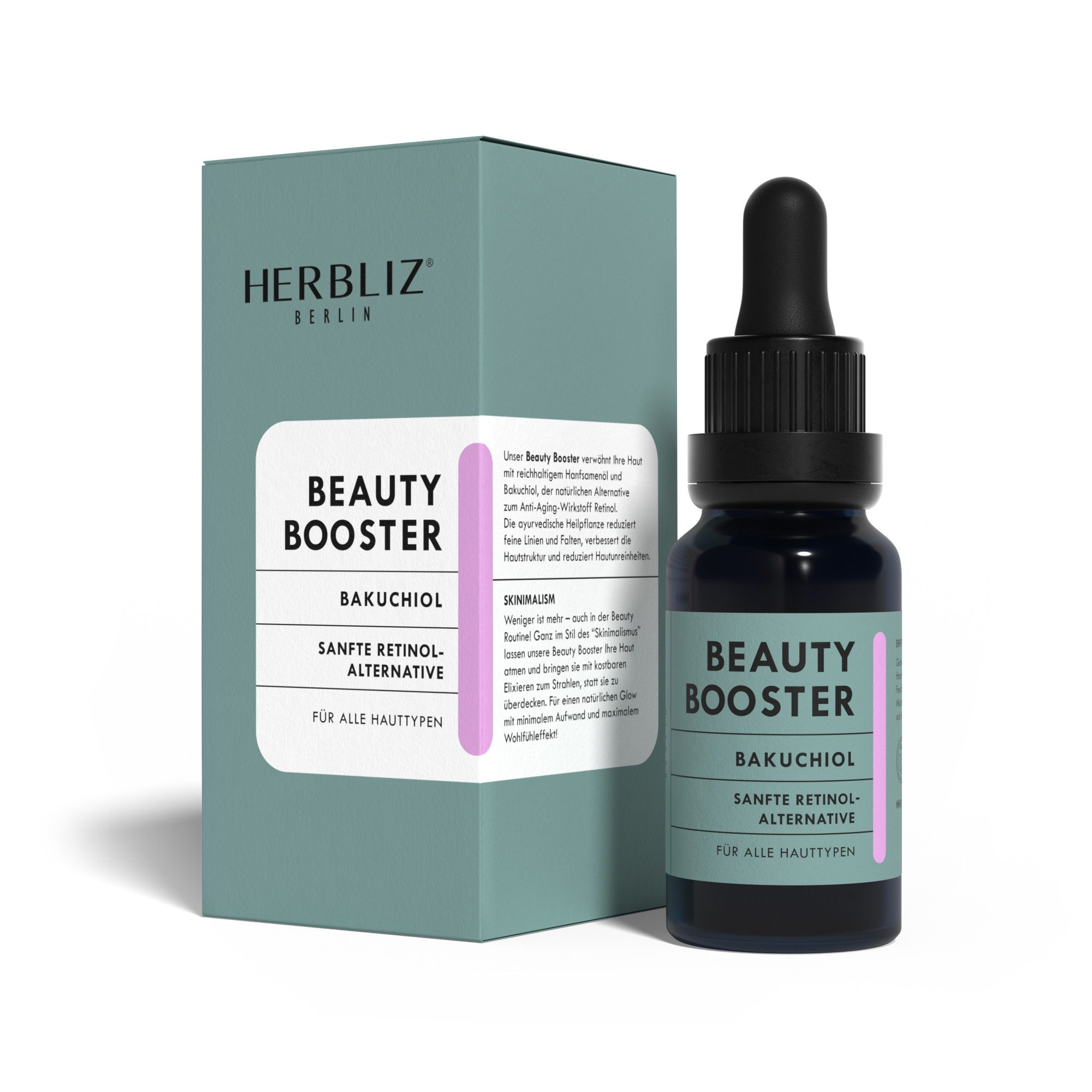 HERBLIZ Beauty Booster mit Bakuchiol und Verpackung. Flasche mit Pipette, grüne Verpackung mit Produktinformationen.