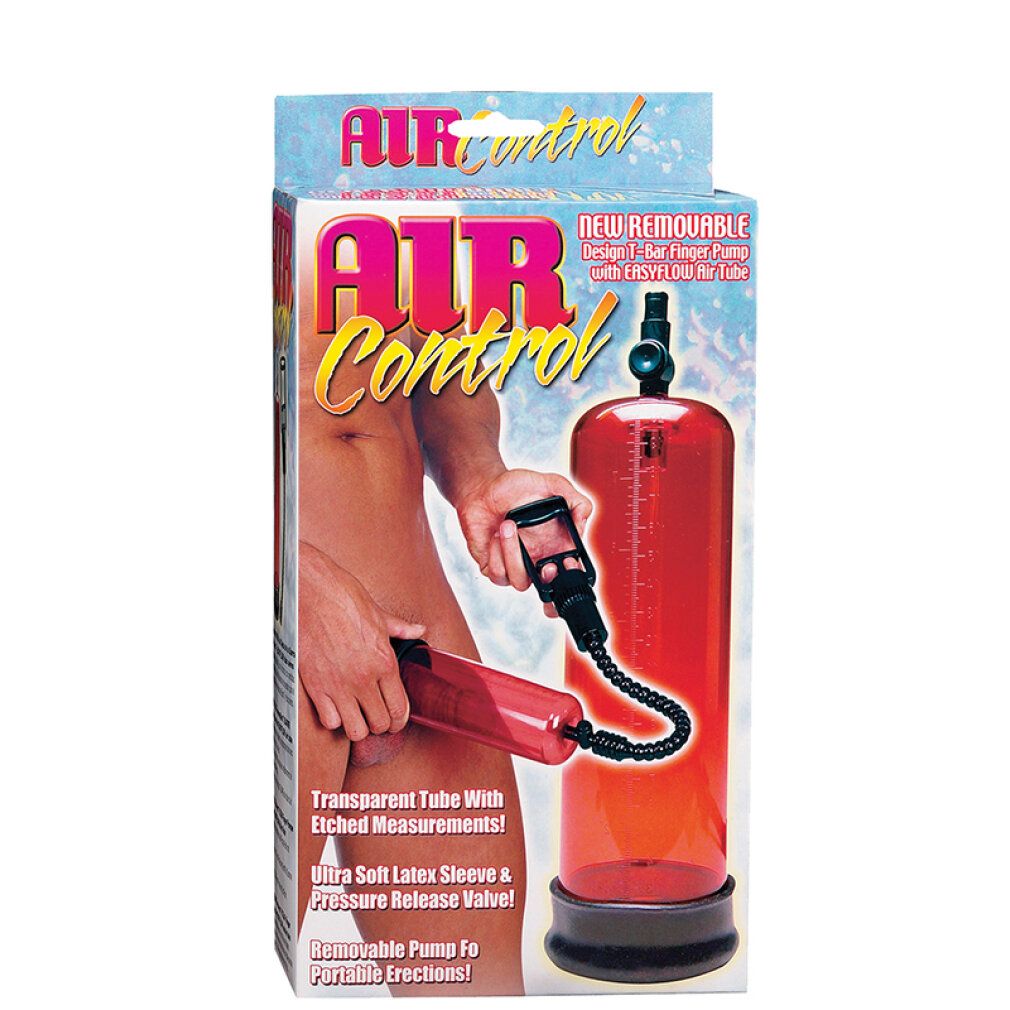 Produktverpackung. Roter Zylinder mit schwarzem Schlauch und Griff. Text: AIR Control, transparente Röhre mit Messungen.