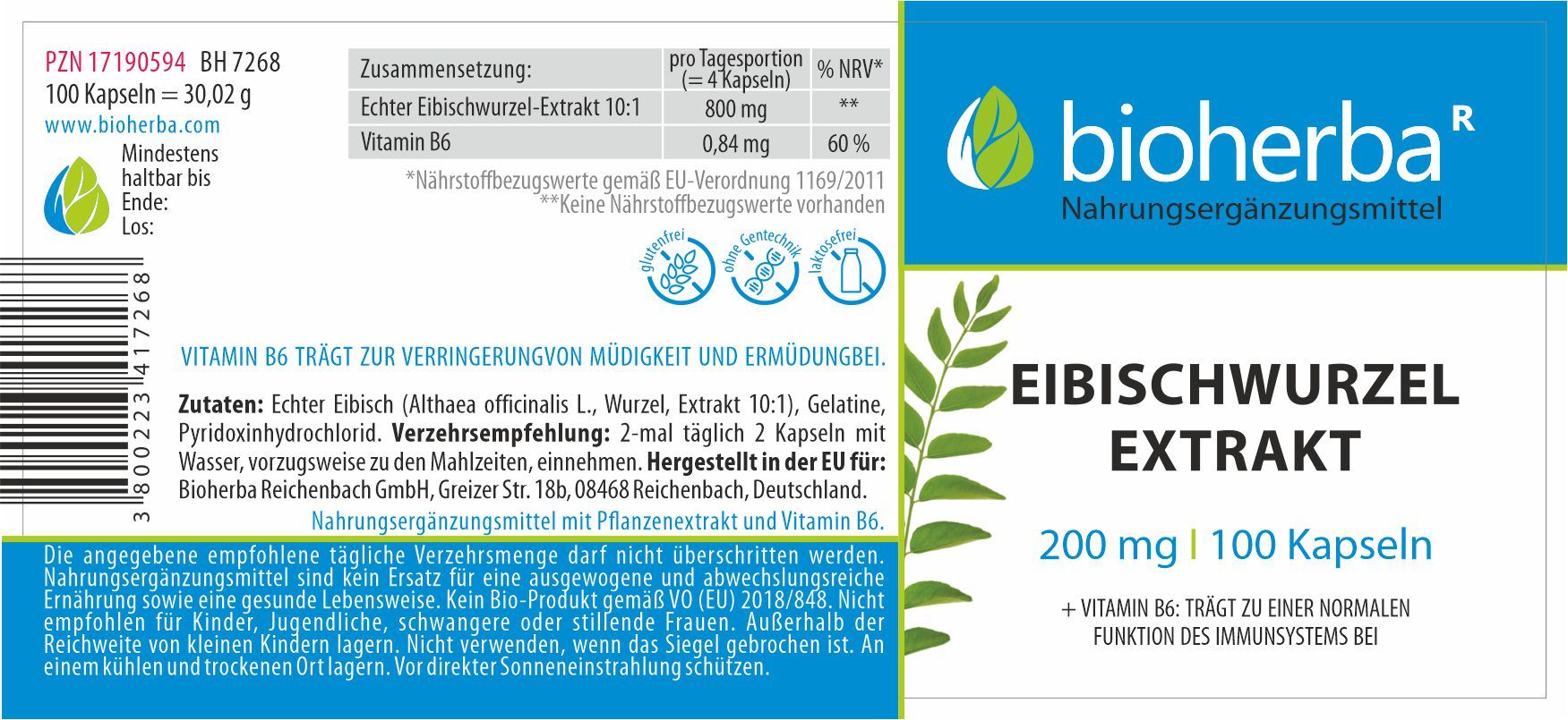Etikett mit weißem Hintergrund, blauer Schrift: Bioherba, Eibischwurzel Extrakt, 200 mg, 100 Kapseln. Text in Deutsch, Inhaltsstoffe, Nährwerte.