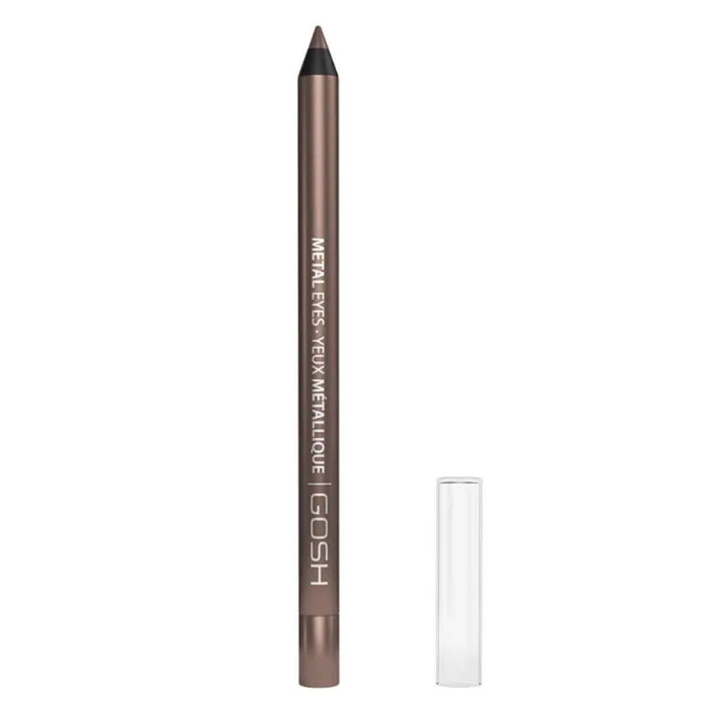 Brauner Eyeliner-Stift mit abgenommenem, transparentem Deckel. Aufschrift: METAL EYES, GOSH.