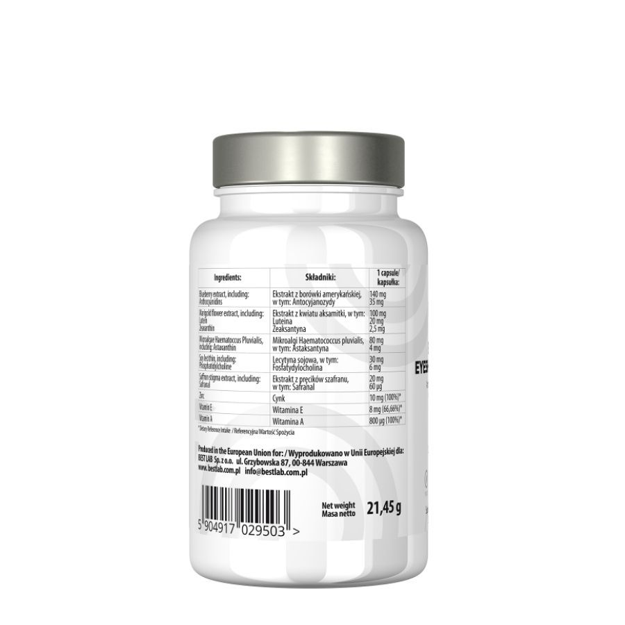 Rückseite einer weißen Flasche mit silbernem Deckel. Aufschrift: BEST LAB BEST EYESHIELD. Enthält Inhaltsstoffe und Nährwertangaben.