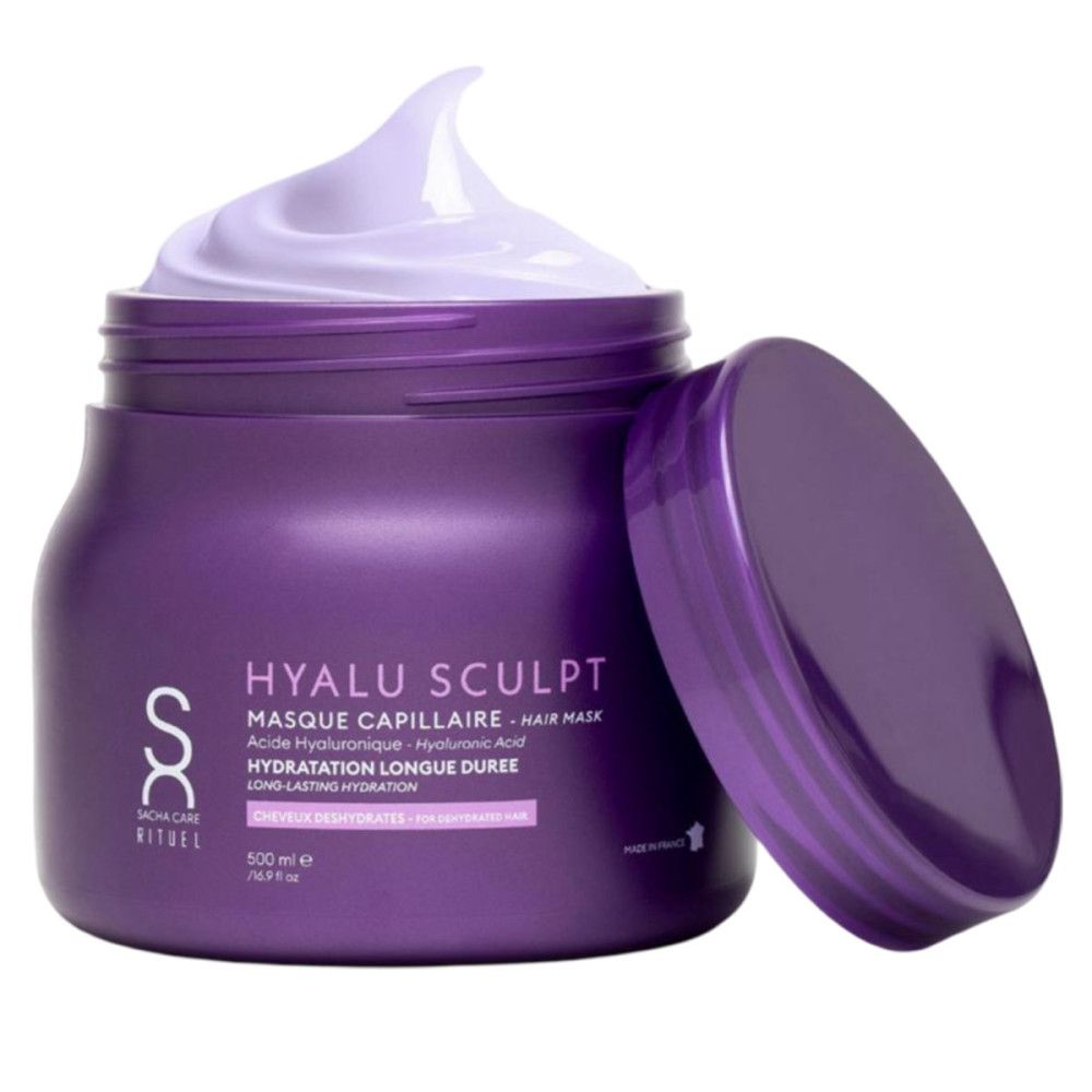Violette Dose mit Haarmaske. Deckel daneben. Text: Hyalu Sculpt, Masque Capillaire, 500 ml.