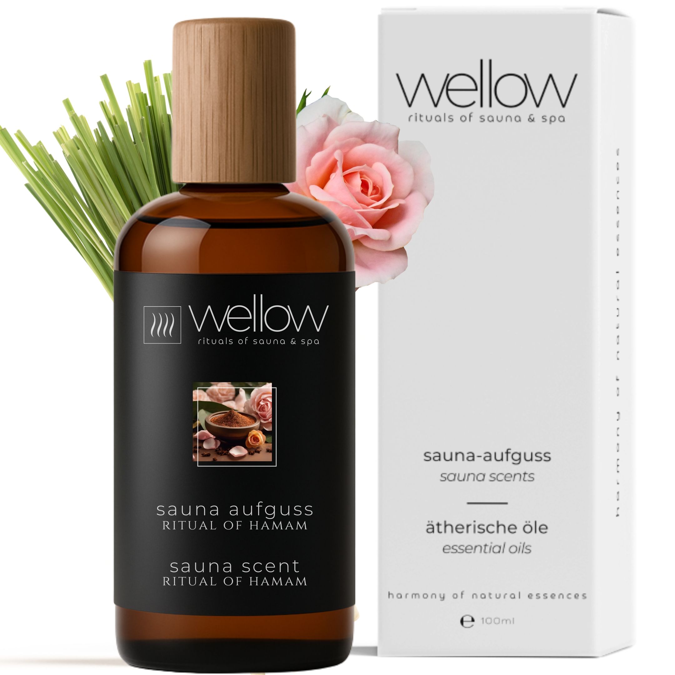 Braune Glasflasche mit Holzverschluss und schwarzem Etikett. Weiße Verpackung mit Logo und Text. Sauna-Aufguss Ritual of Hamam.