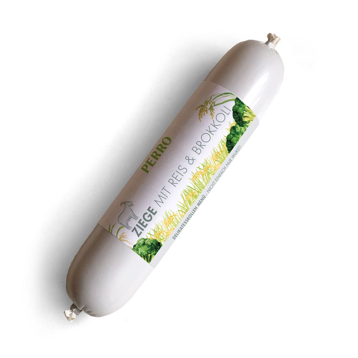 Hundewurst mit Etikett. Aufschrift: PERRO, Ziege mit Reis & Brokkoli. Produkt in weißer Hülle.