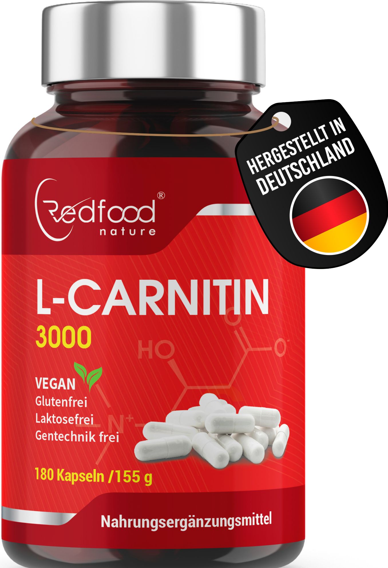 Braune Flasche mit weißen Kapseln. Aufschrift: L-Carnitin 3000, vegan, glutenfrei, laktosefrei, ohne Gentechnik. Hergestellt in Deutschland.