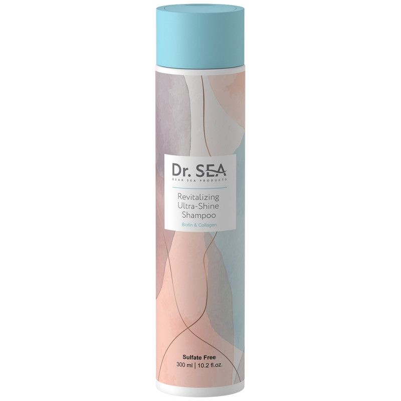 Zylindrische Flasche mit blauem Deckel. Etikett mit Produktnamen und Marke: Dr. SEA. Text: Revitalizing Ultra-Shine Shampoo.
