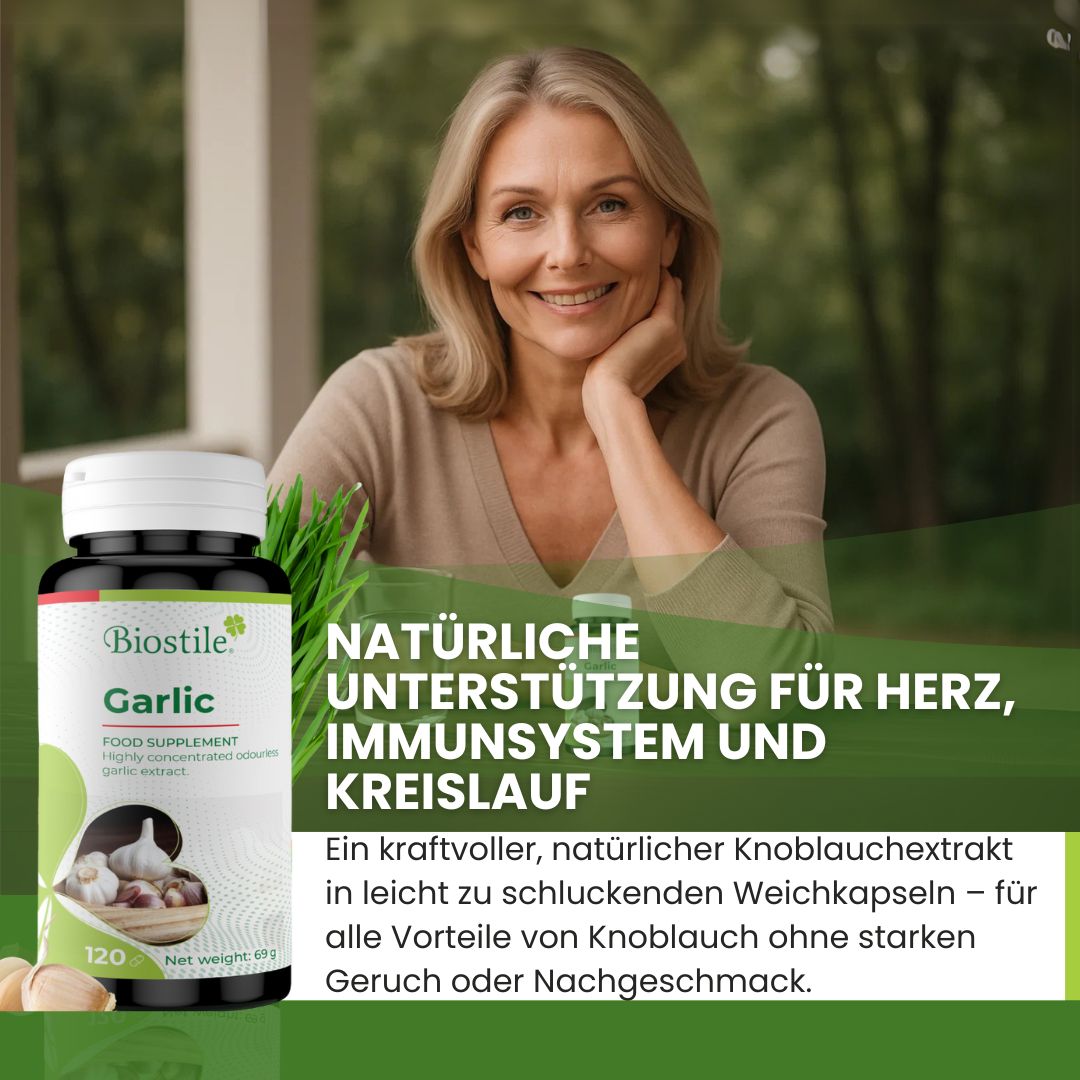 Eine Frau lächelt neben einem Behälter Biostile Garlic Kapseln. Text: Natürliche Unterstützung für Herz, Immunsystem und Kreislauf.
