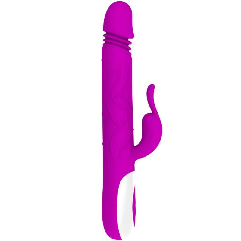 Lila Vibrator mit Kaninchenohren und geriffelter Oberfläche. Weißer Griff mit drei Knöpfen. Vertikale Ansicht.