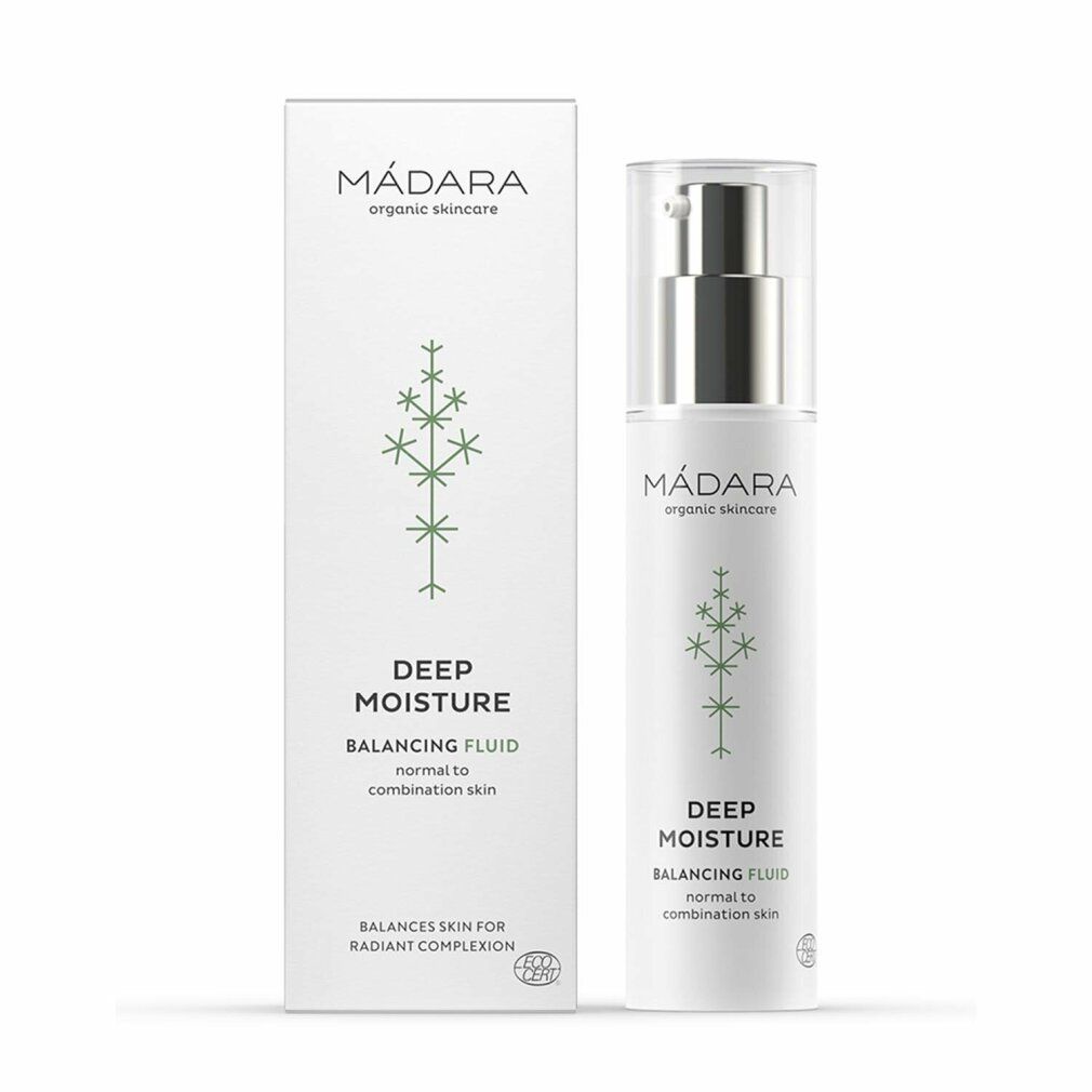 Weiße Flasche mit Pumpverschluss und Karton. Aufschrift: MÁDARA, Deep Moisture, Balancing Fluid. Mit grünen Pflanzenmotiven.