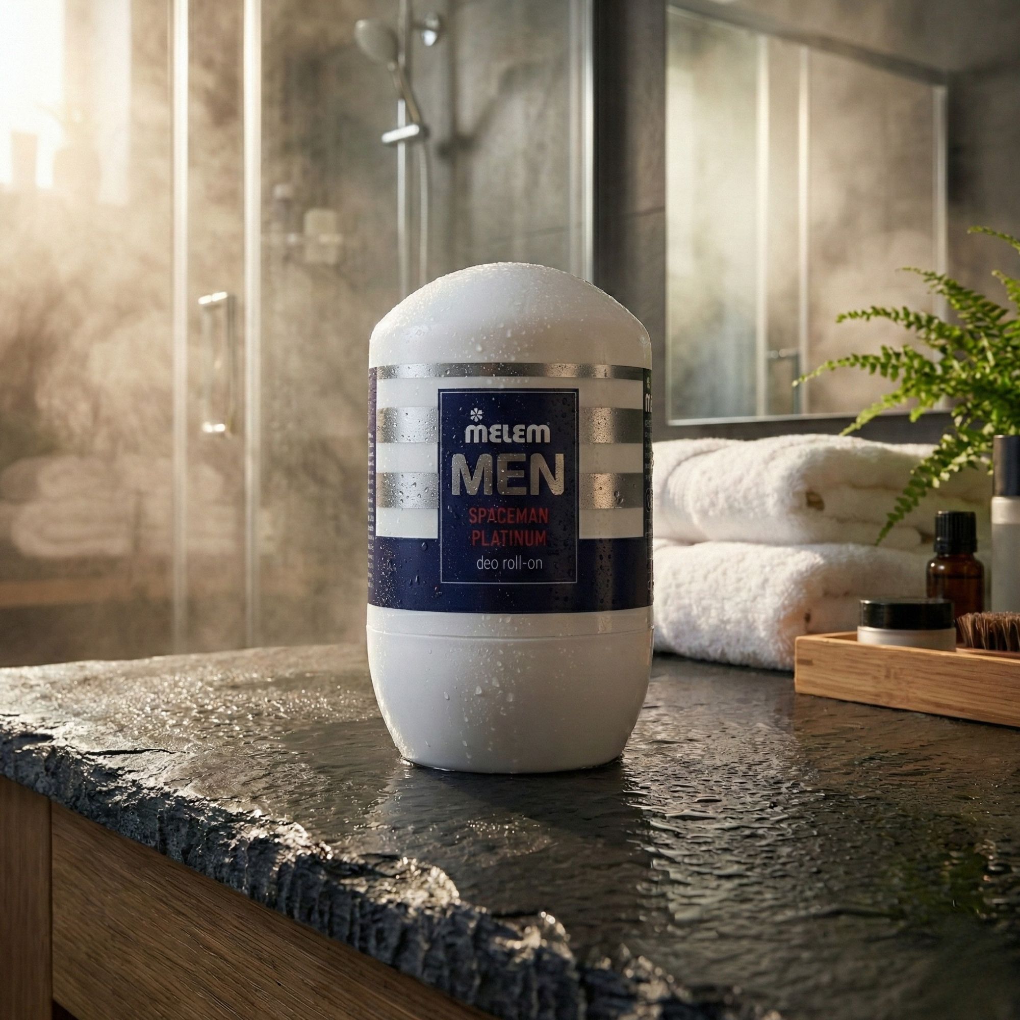 Weißer Roll-on-Deo mit blauer und silberner Beschriftung. Auf einer schwarzen Oberfläche in einem Badezimmer platziert.