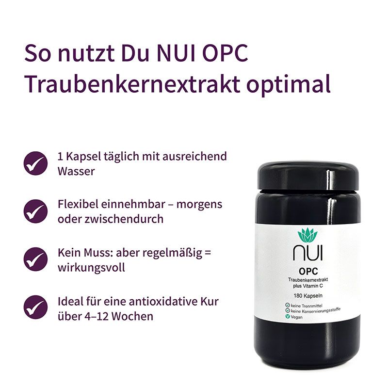 Kombination aus Text und einer schwarzen Flasche mit weißem Etikett. Auf dem Etikett steht "NUI OPC Traubenkernextrakt plus Vitamin C". 180 Kapseln.