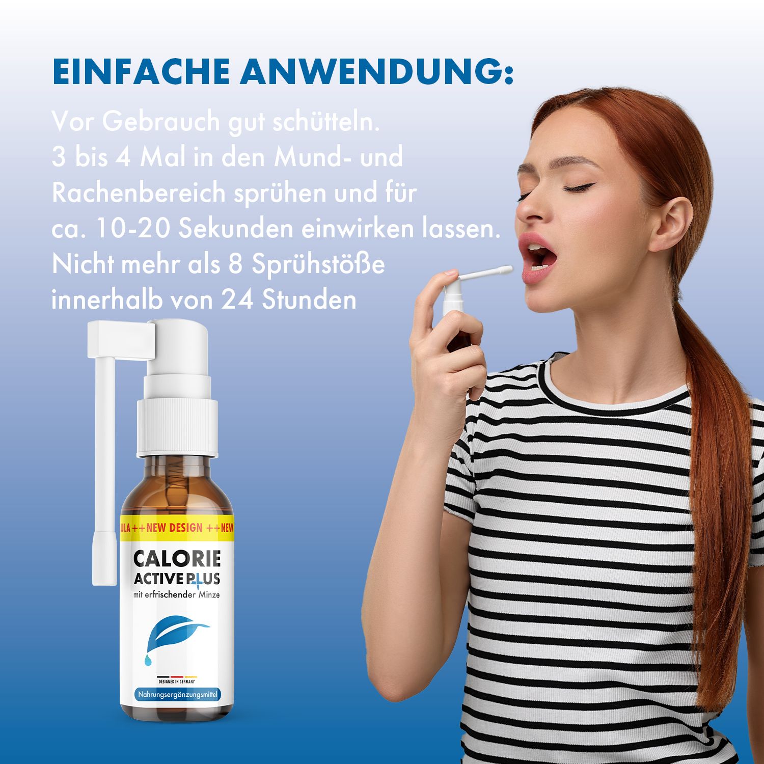 Frau sprüht mit einer braunen Flasche mit weißem Sprühkopf in den Mund. Aufschrift: CALORIE ACTIVE PLUS mit erfrischender Minze.