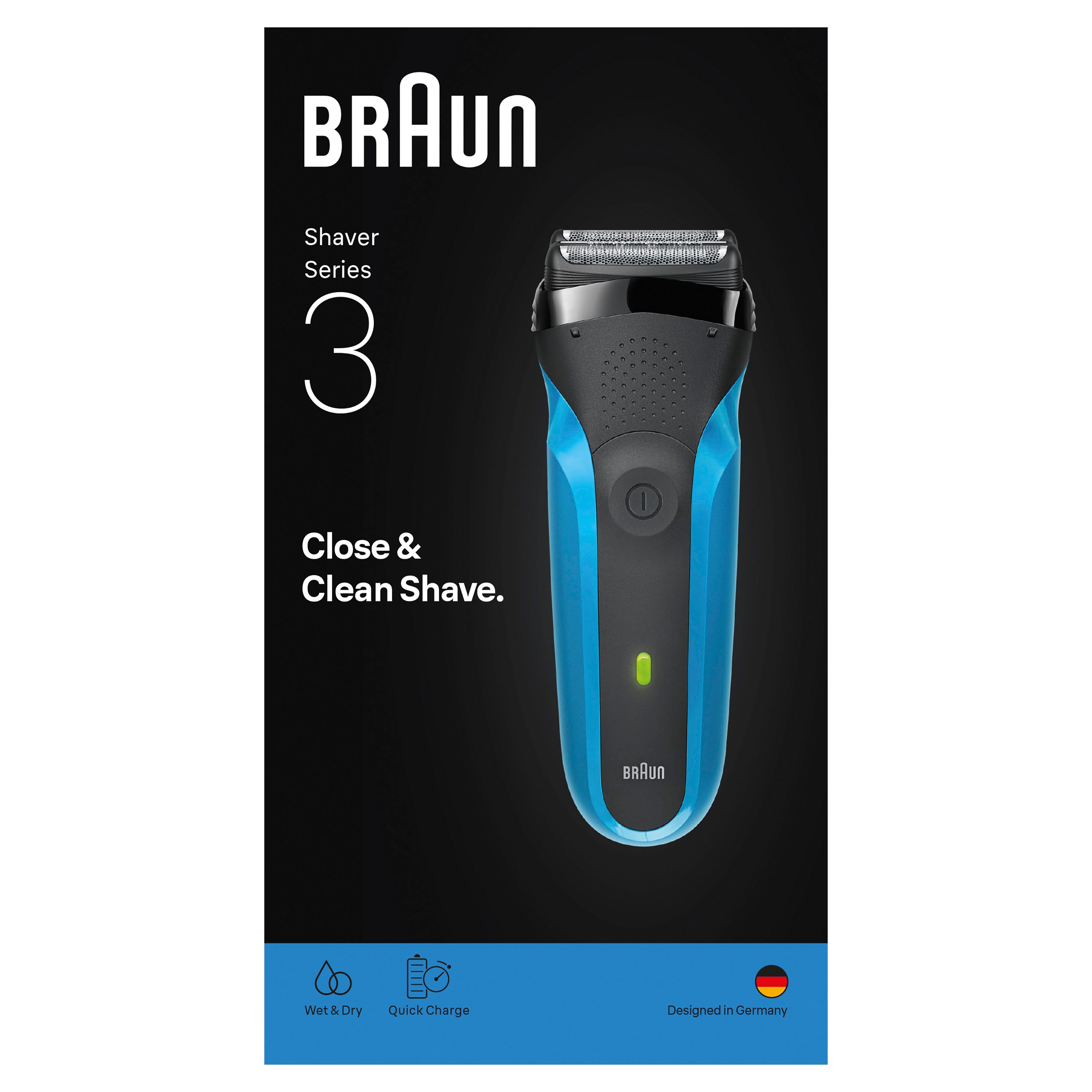 Braun Series 3 Elektrorasierer, blau und schwarz, mit Ladeanzeige und Wet & Dry Symbolen.