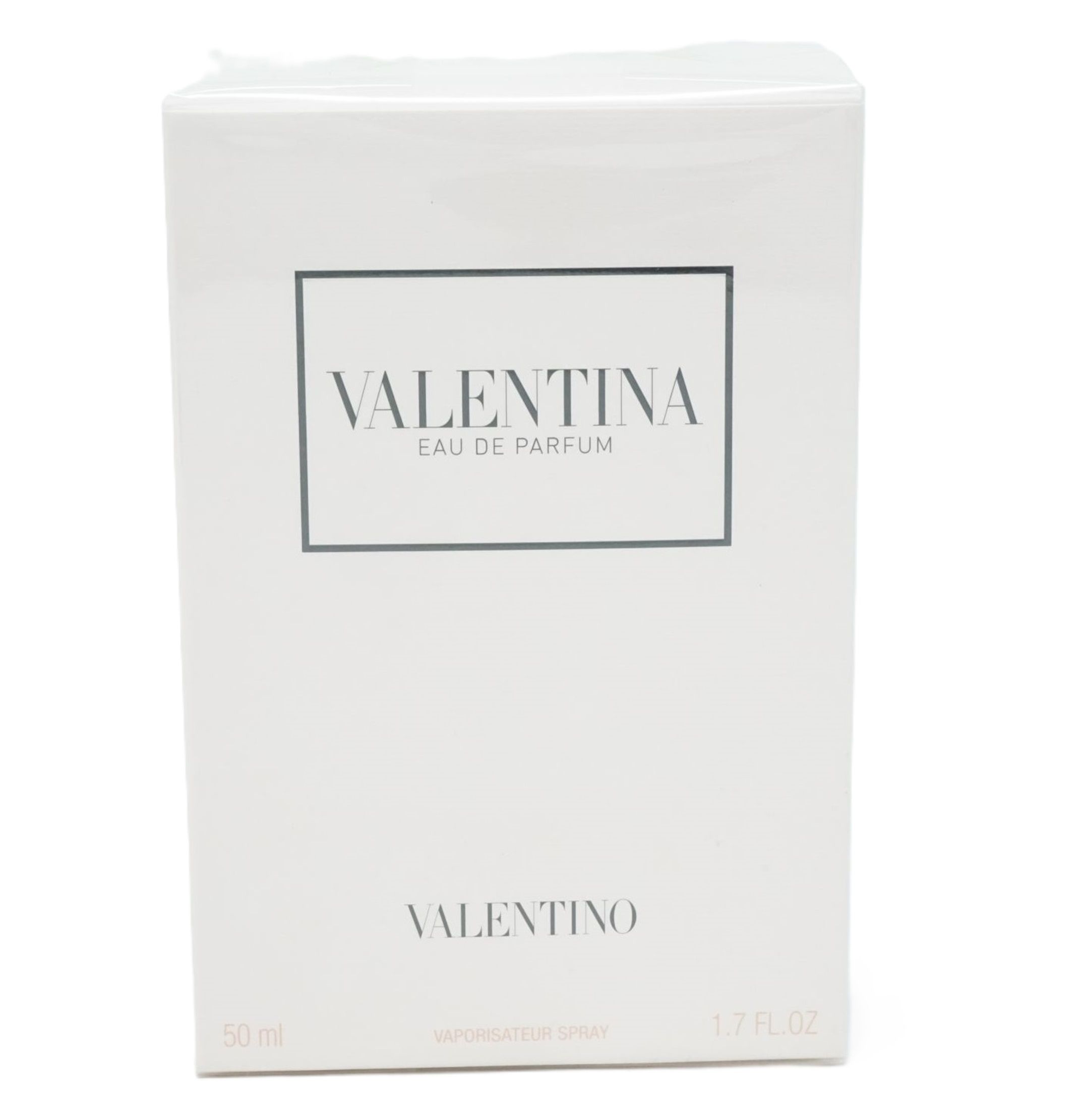 Weiße rechteckige Verpackung mit schwarzem Rahmen und Text: VALENTINA EAU DE PARFUM. Unten: VALENTINO. 50 ml, 1.7 FL.OZ.