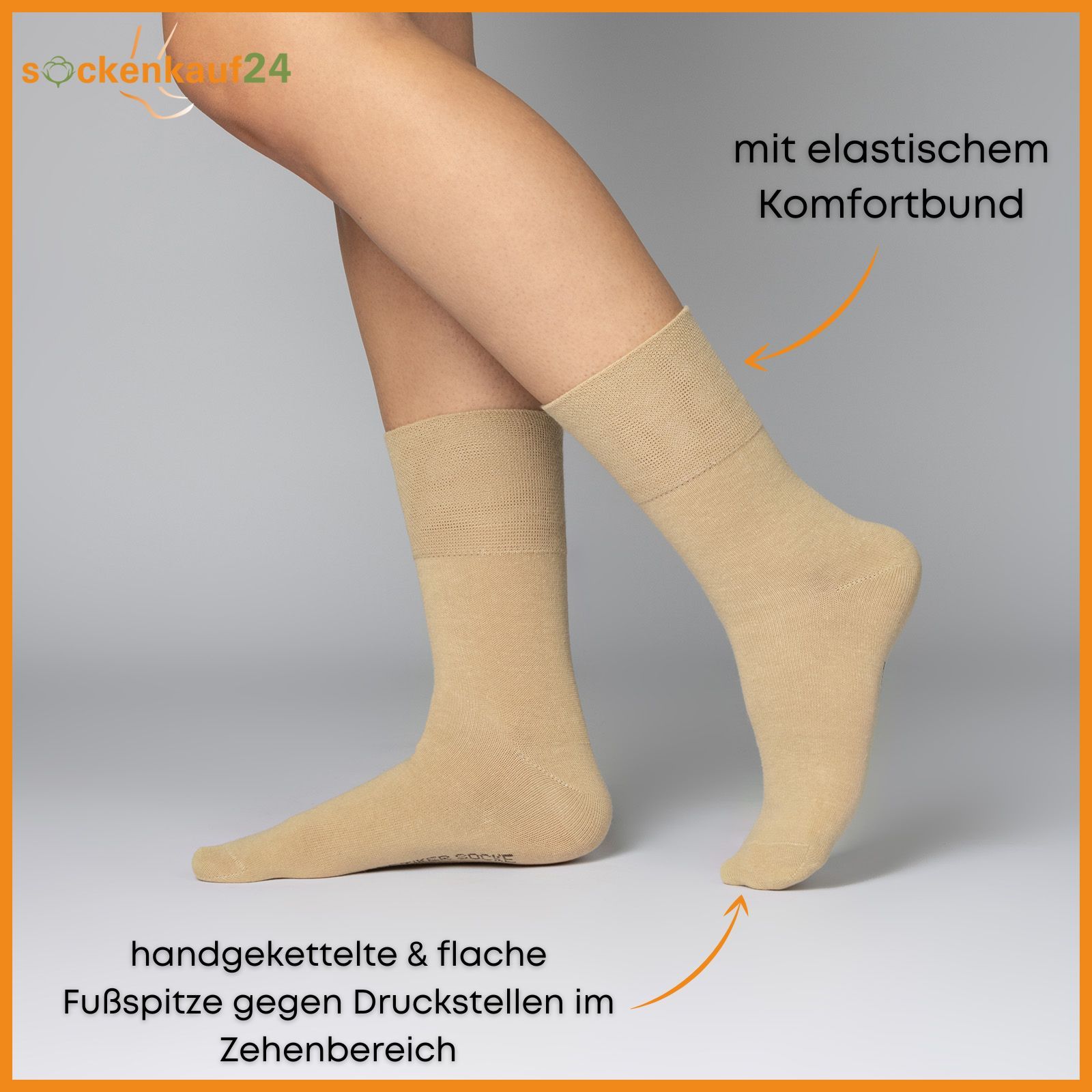 Beige Socke am Bein. Text: handgekettelte & flache Fußspitze gegen Druckstellen im Zehenbereich.