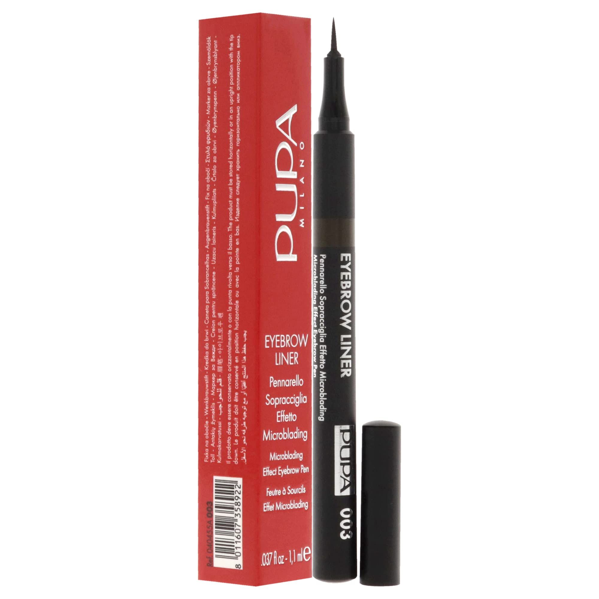 Brauner Augenbrauenliner mit schwarzer Spitze und roter Verpackung. Aufschrift: Pupa Milano, Eyebrow Liner 03.