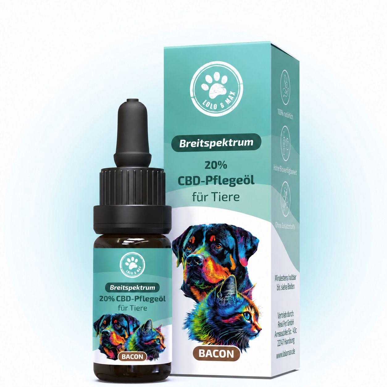 Flasche und Karton für 20% CBD-Pflegeöl für Tiere, mit Hund- und Katzengrafik.