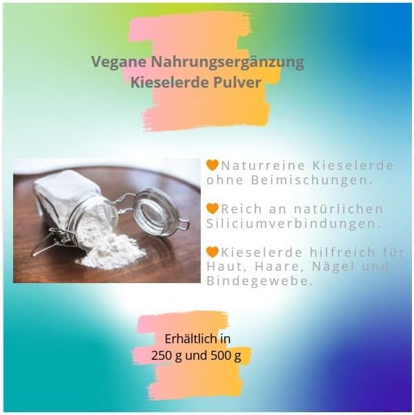 Glasbehälter mit Kieselerde-Pulver, daneben Text mit Produktinformationen.