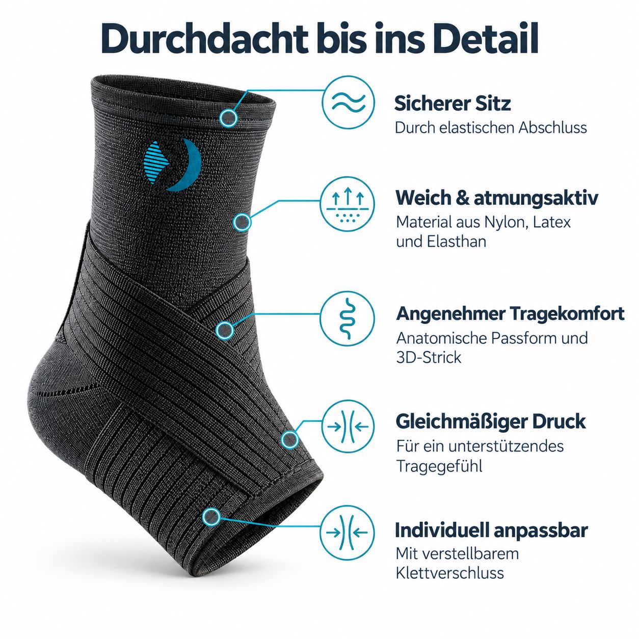 Schwarze Bandage für den Knöchel mit elastischem Abschluss, 3D-Strick und verstellbarem Klettverschluss.