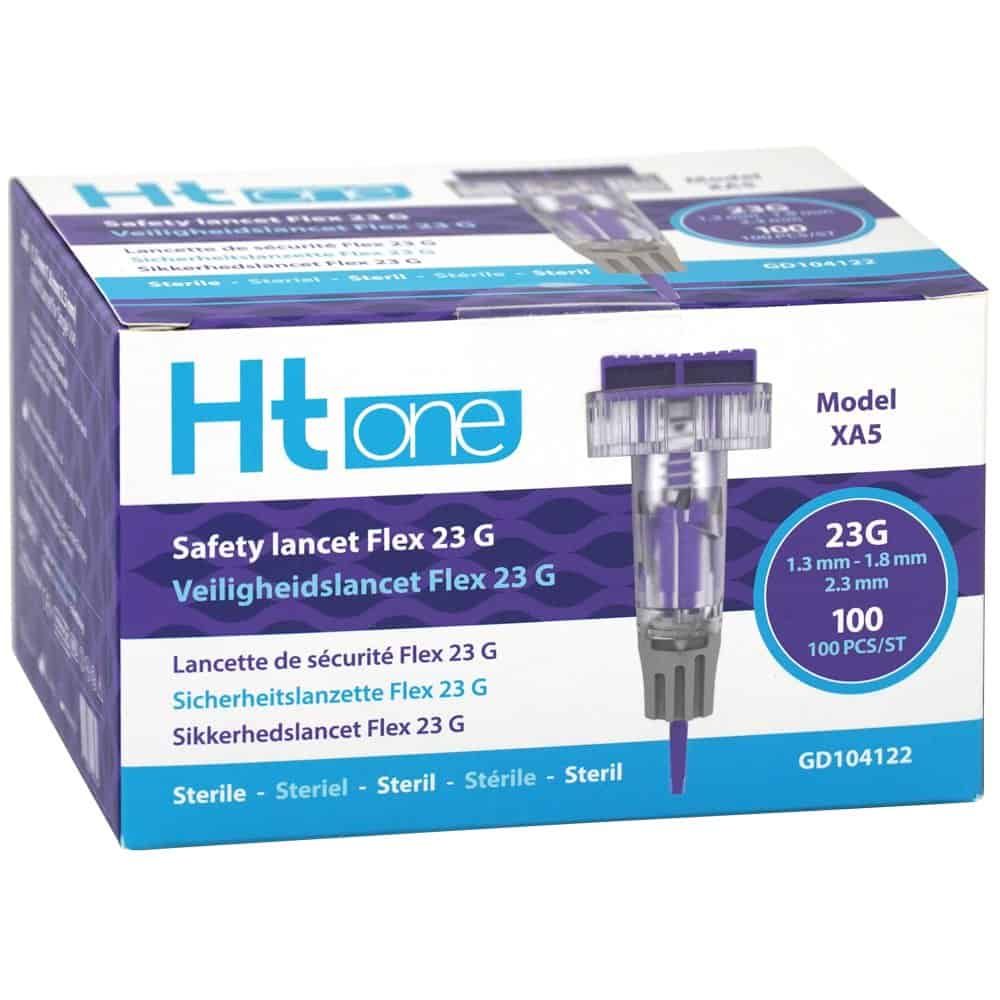 Ht one Safety Lancet Flex 23 G: Nahaufnahme einer sterilen Lanzette in violetter und grauer Verpackung.