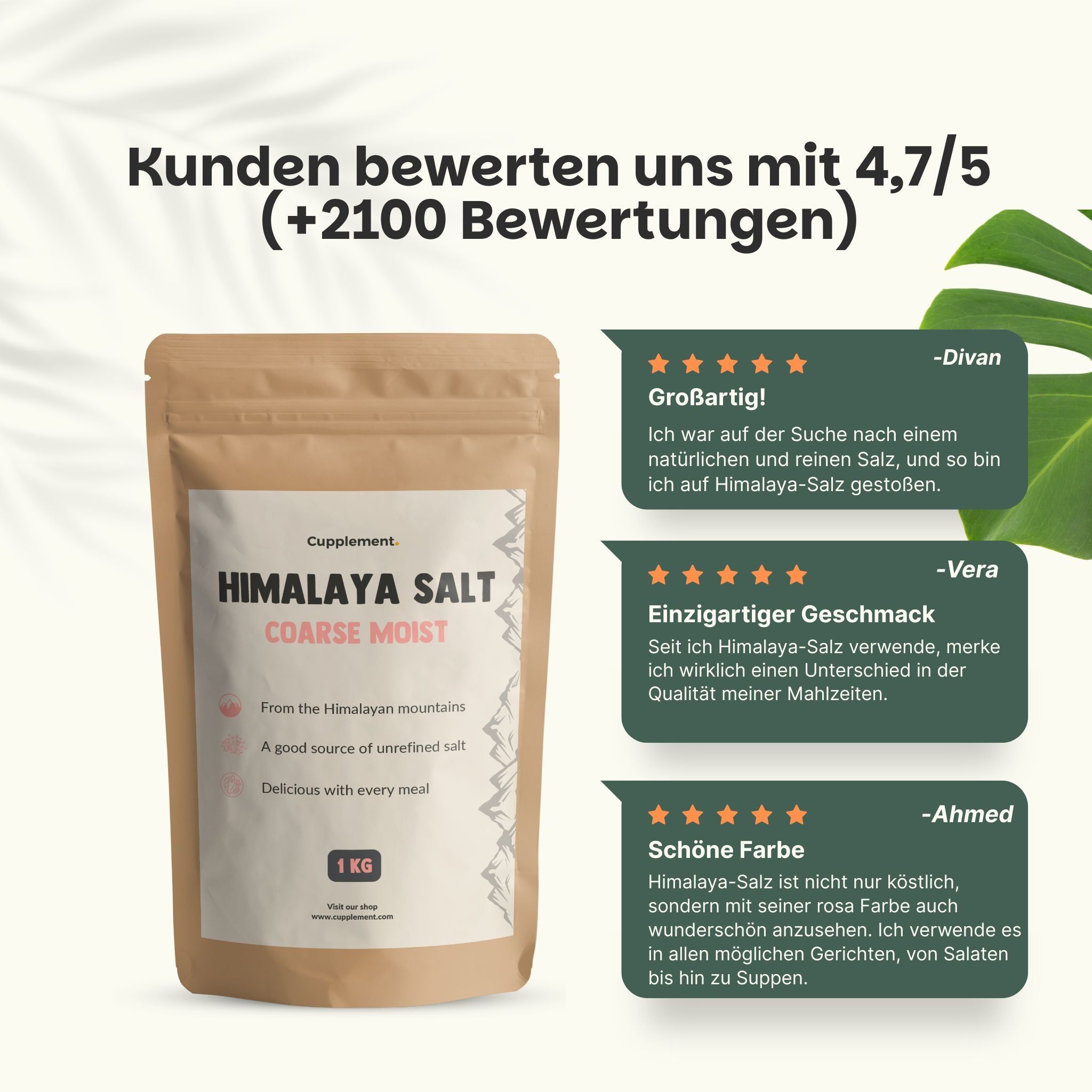 Beutel mit Himalaya-Salz, grob, feucht. Text: Cupplement, Himalaya Salt, 1 kg. Kundenbewertung 4.7/5. Zitate.