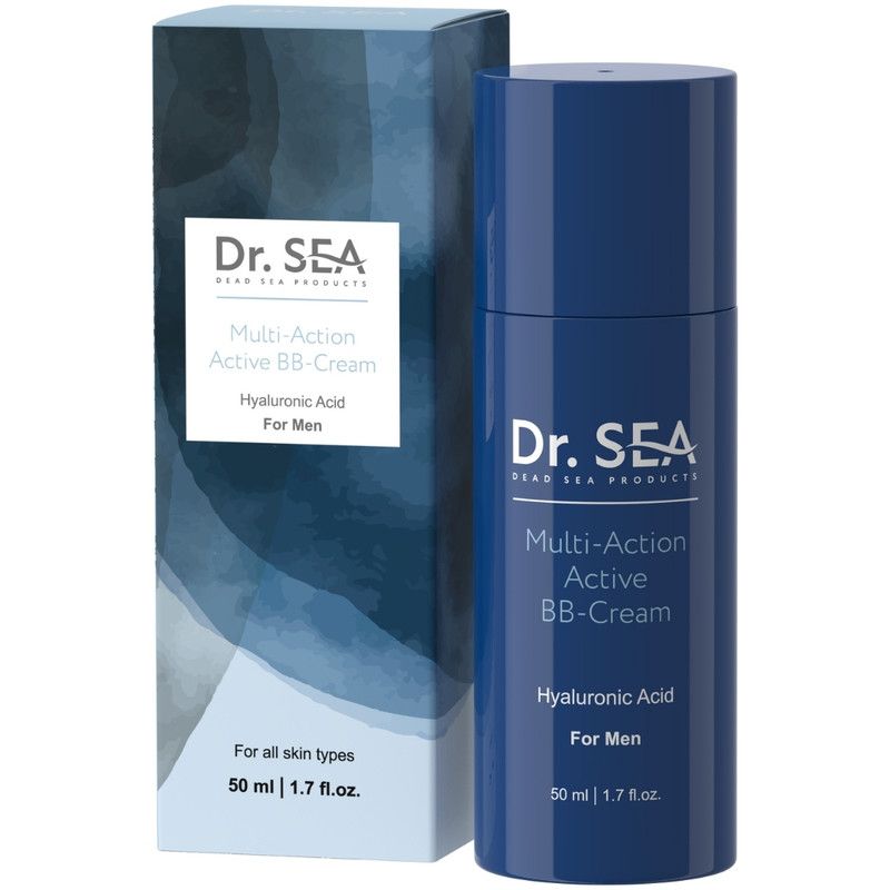 Blaue Flasche und Karton mit Aufschrift Dr. SEA Multi-Action BB-Cream für Männer. 50 ml.