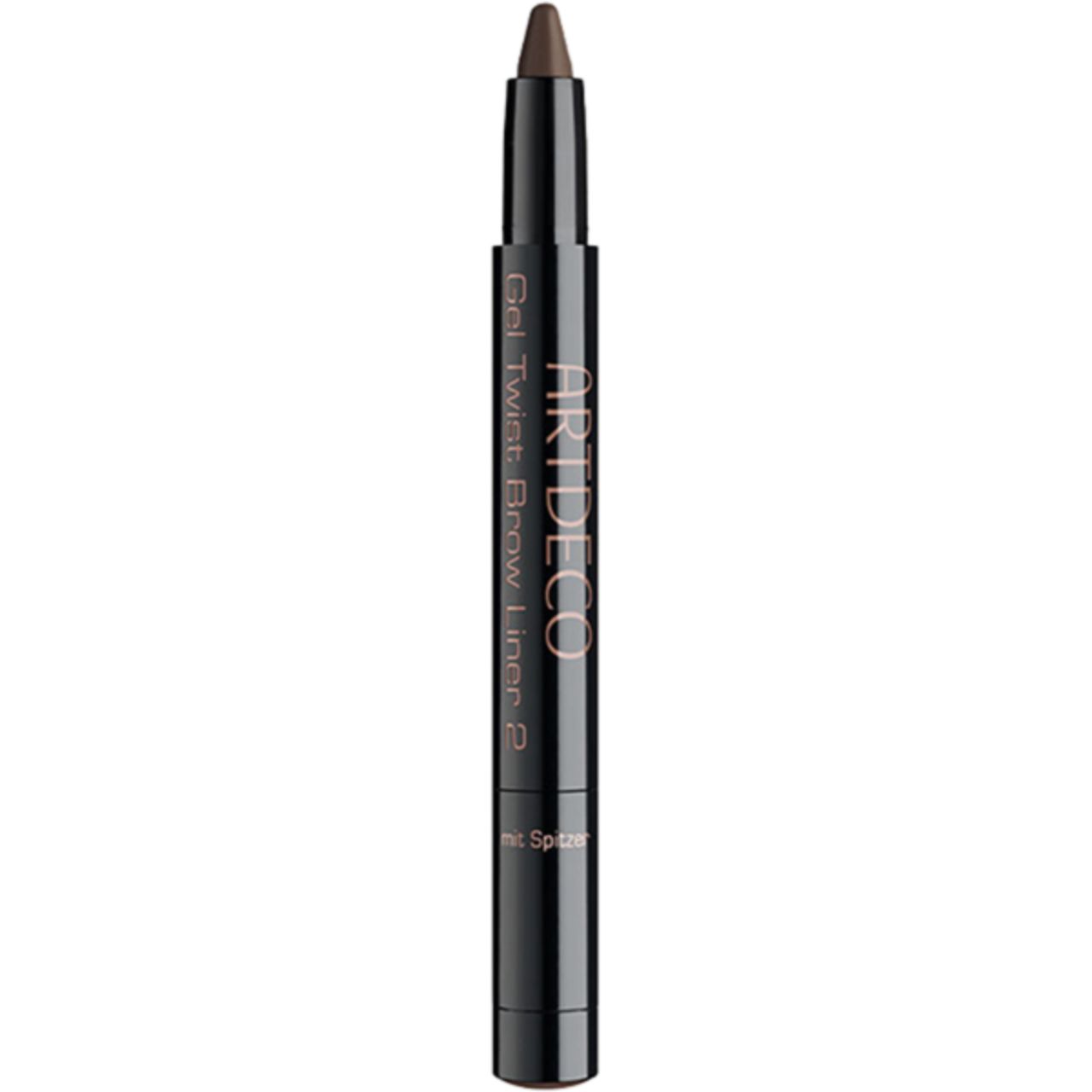 Artdeco Gel Twist Brow Liner. Schwarzer Stift mit brauner Spitze. Produktname und Marke sind sichtbar.