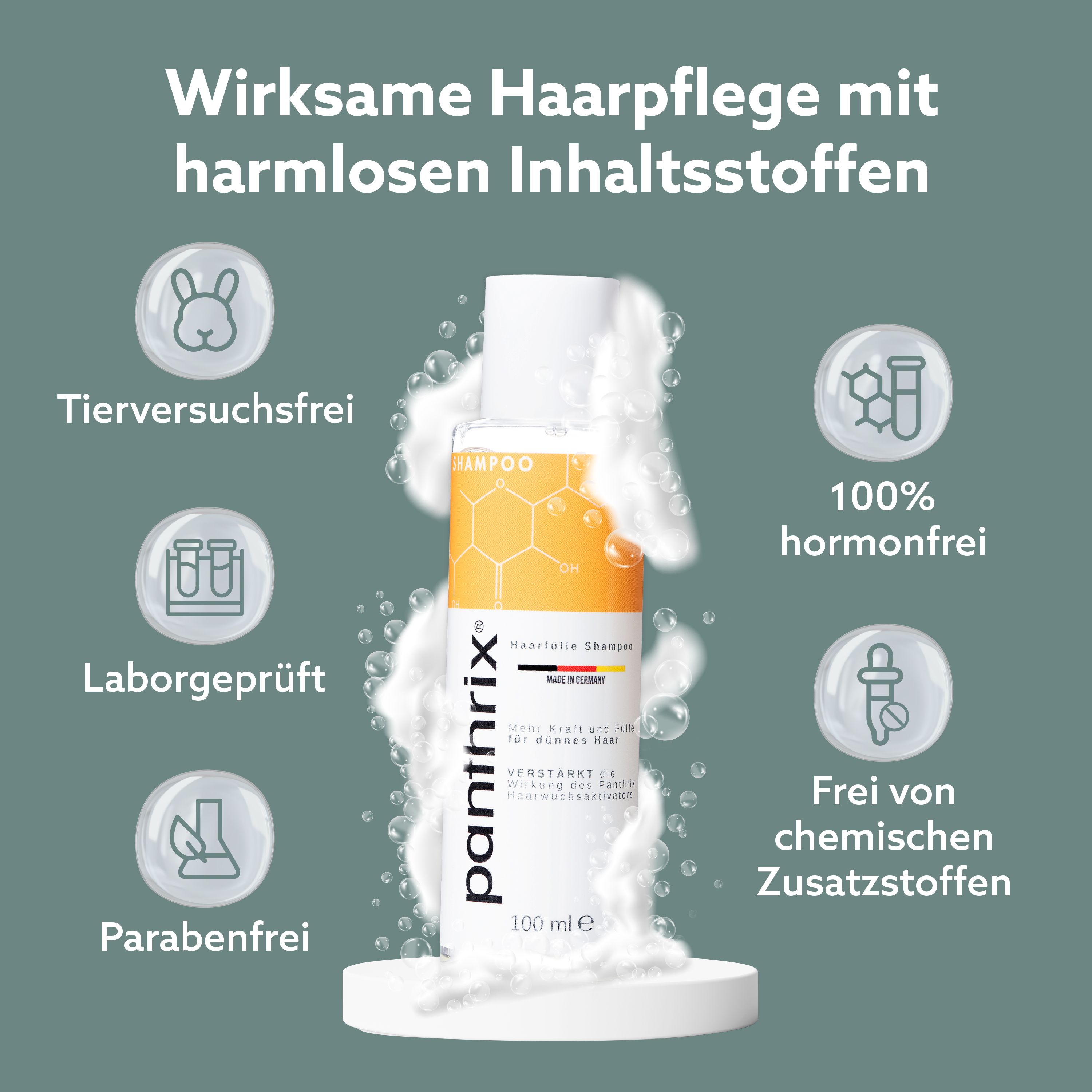 Shampoo-Flasche mit Schaum und Symbolen. Text: Wirksame Haarpflege mit harmlosen Inhaltsstoffen.