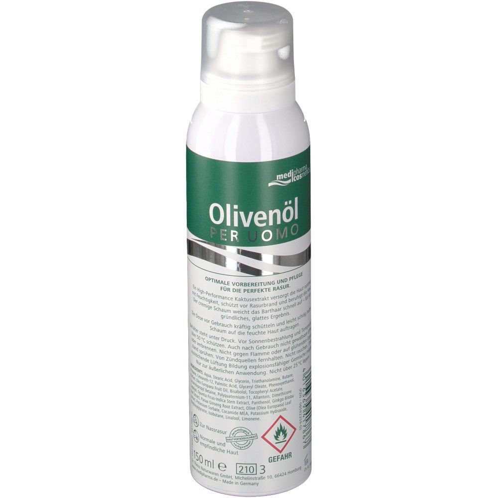 Weiß-grüne Sprühdose. Aufschrift: Olivenöl PER UOMO. medipharma cosmetics. 150 ml.
