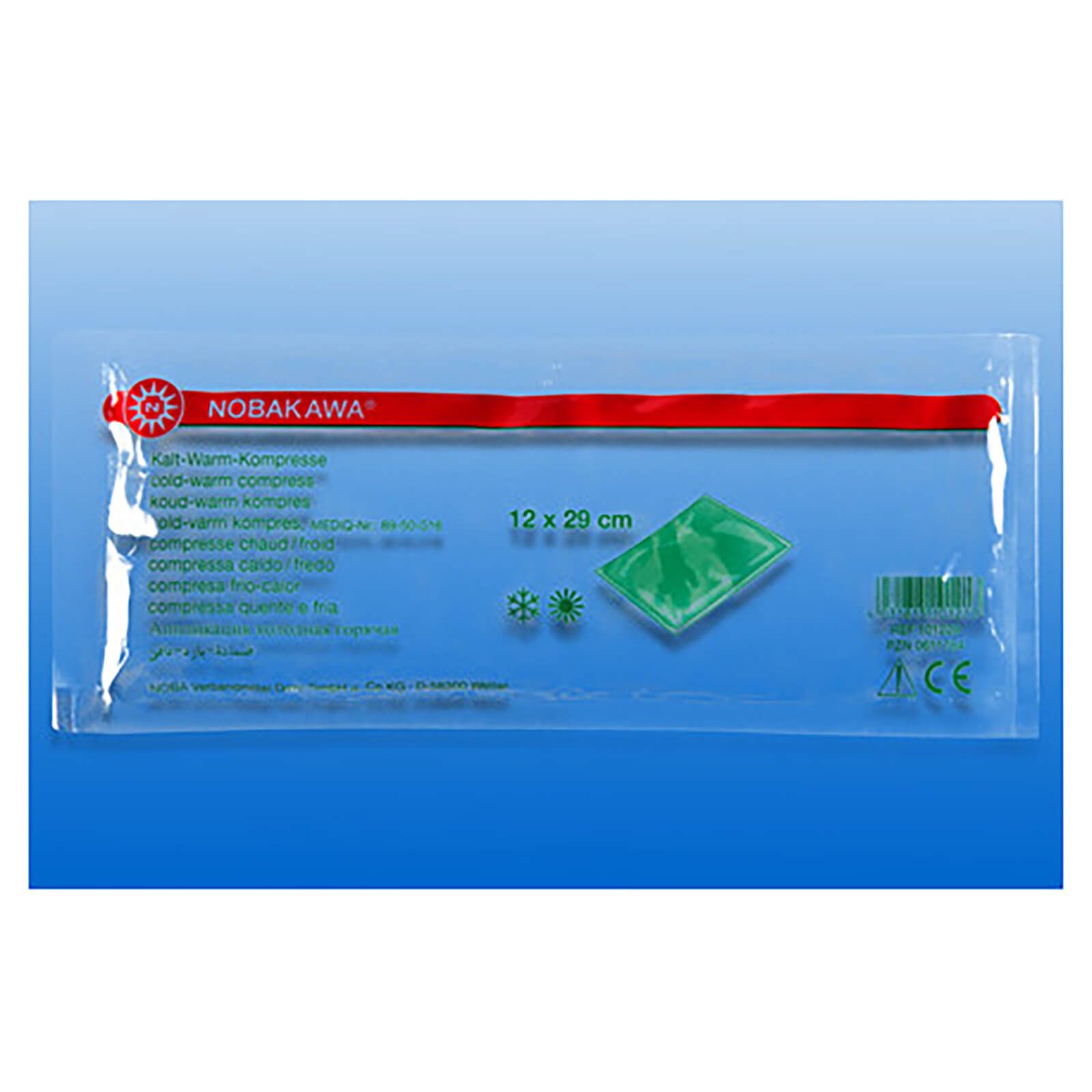 Kalt-Warm-Kompresse in transparenter Verpackung. Produktname und Maße 12 x 29 cm sichtbar. Grüne Kompresse im Inneren.