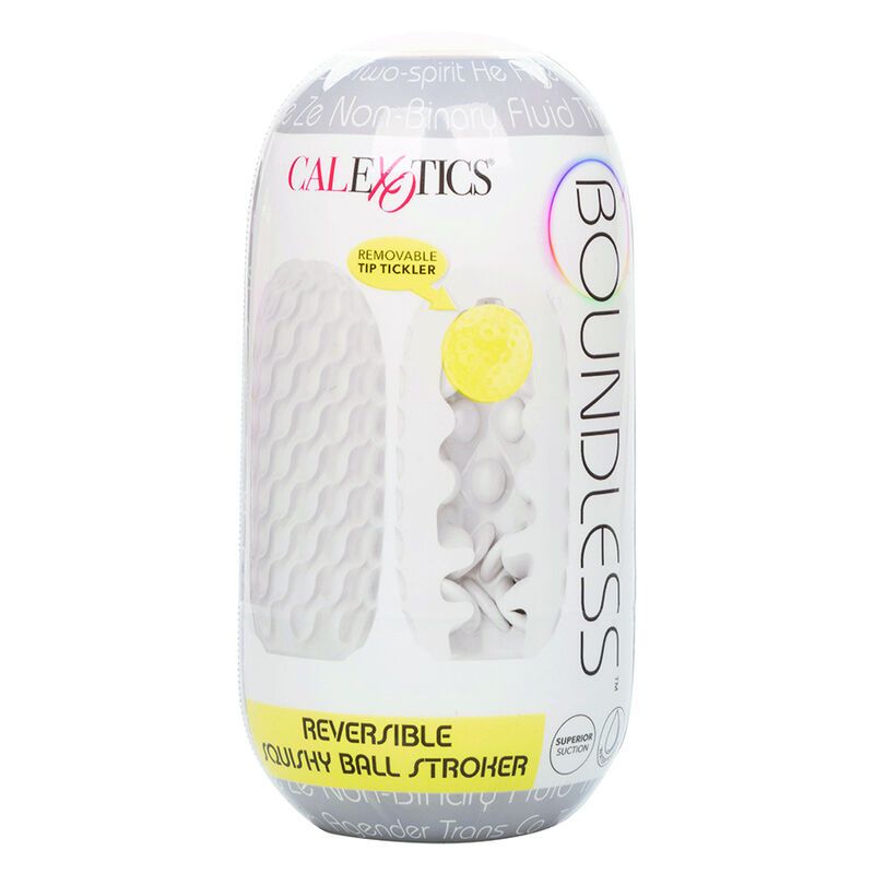 Verpackung des "BOUNDLESS" Masturbators mit Hinweisen auf "REMOVABLE TIP TICKLER" und "REVERSIBLE SQUISHY BALL STROKER".