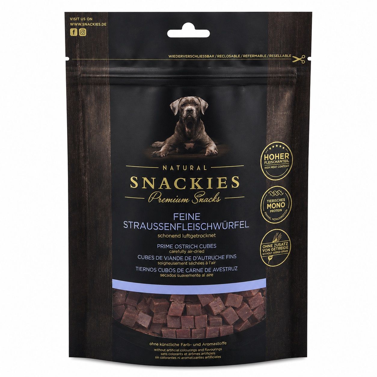 SNACKIES Feine Straussenfleischwürfel - Monoprotein Snack für Hunde