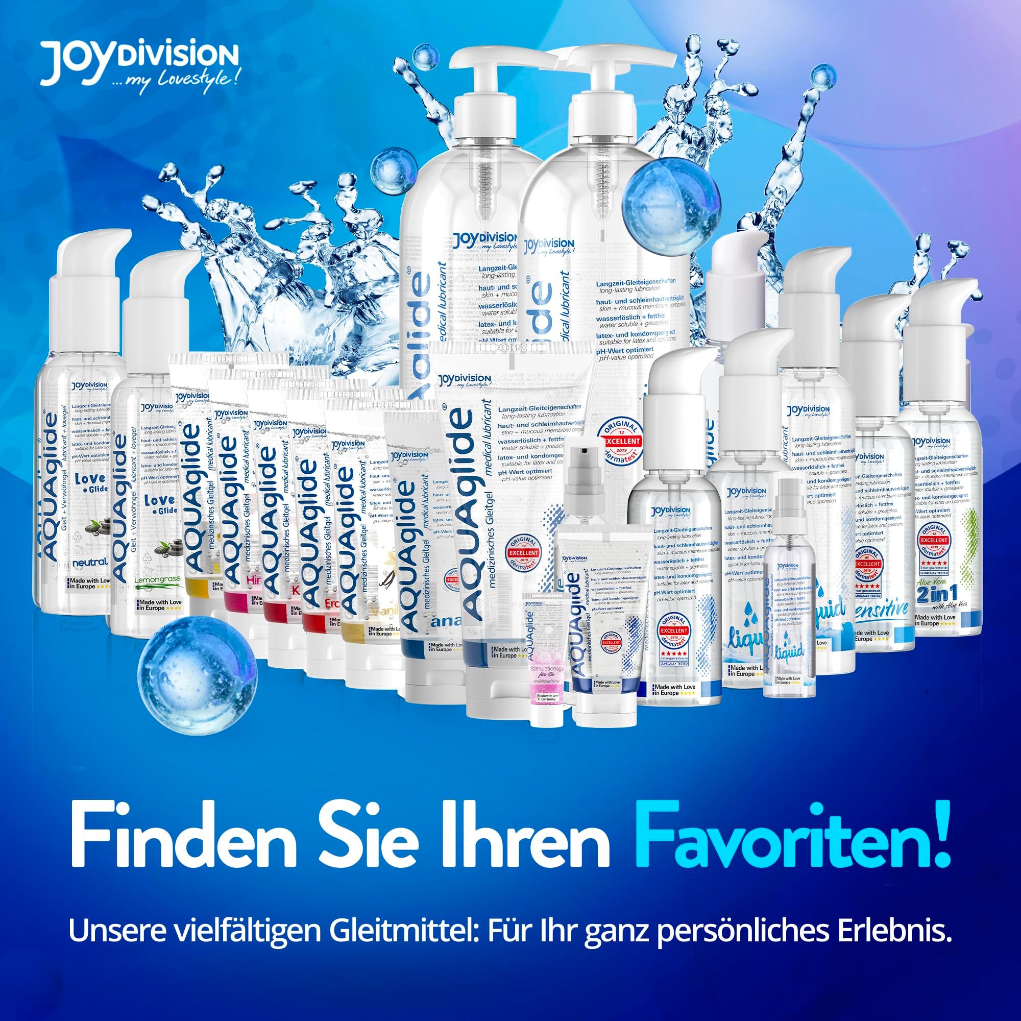 Vielfalt an AquaGlige Gleitmitteln in verschiedenen Flaschengrößen und Ausführungen.
