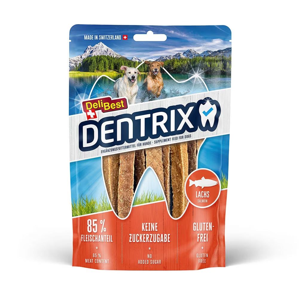 Verpackung von DeliBest DENTRIX Lachs. Enthält Hundesnacks. Aufschrift: 85% Fleischanteil, keine Zuckerzugabe, glutenfrei. Abbildung von Hunden und Landschaft.
