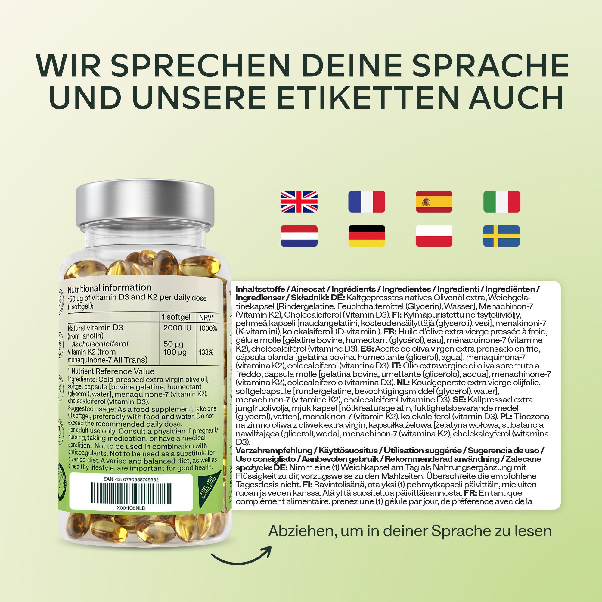 Kapselglas mit Text. Informationen in verschiedenen Sprachen. Inhaltsstoffe, Anwendung.