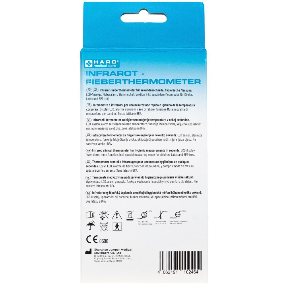 Rückseite der Verpackung. Text: Infrarot-Fieberthermometer, verschiedene Sprachen, Symbole. CE-Kennzeichnung und andere Zertifizierungen.