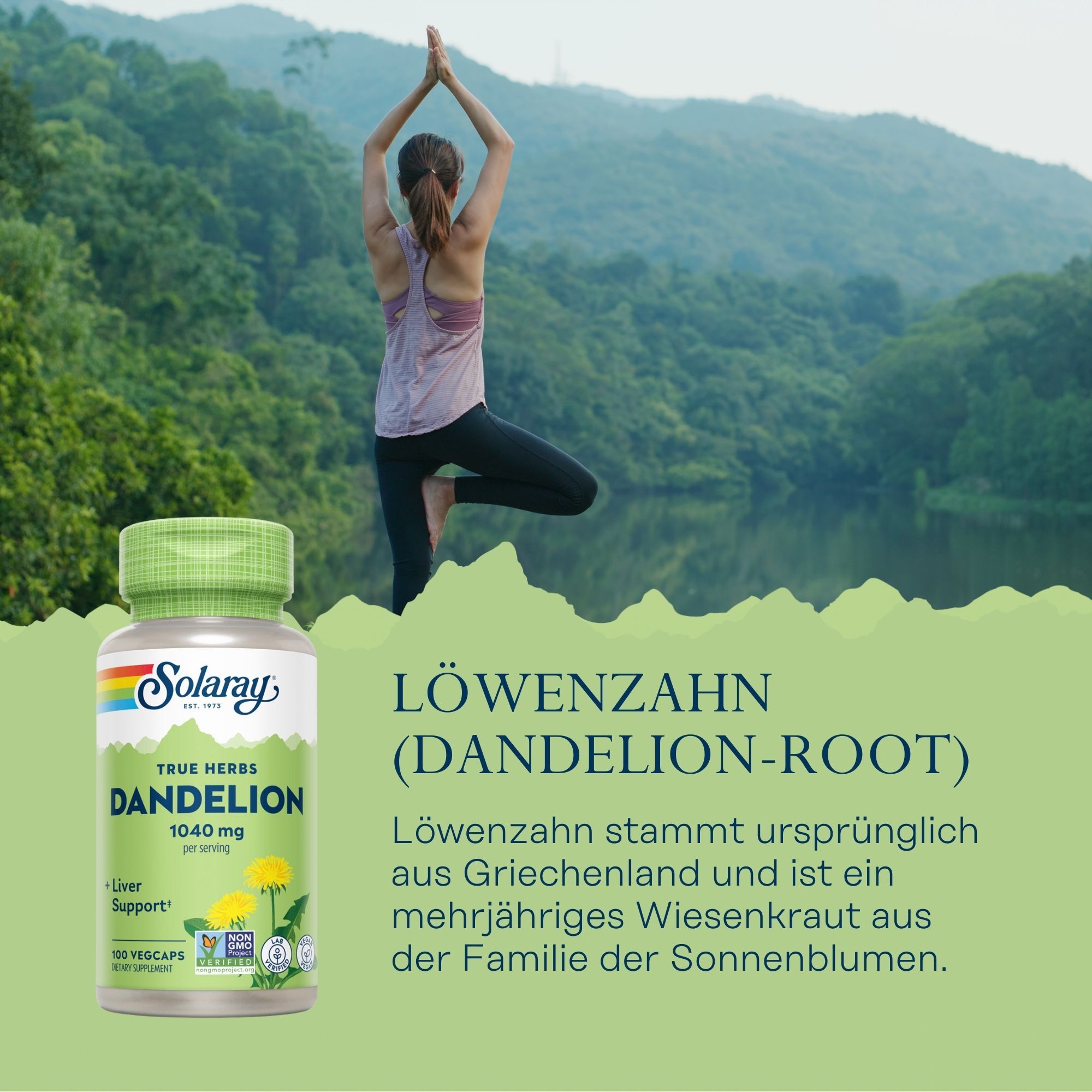 Solaray Löwenzahn-Kapseln. Grüne Flasche mit weißem Etikett. Aufschrift: Dandelion, 1040 mg. 100 Vegcaps. Hintergrund: Frau beim Yoga.