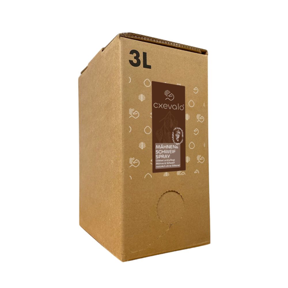 Karton mit Aufschrift 3L. Aufschrift: cxevalo, Mähnen- & Schweifspray. Mit Aussparung.