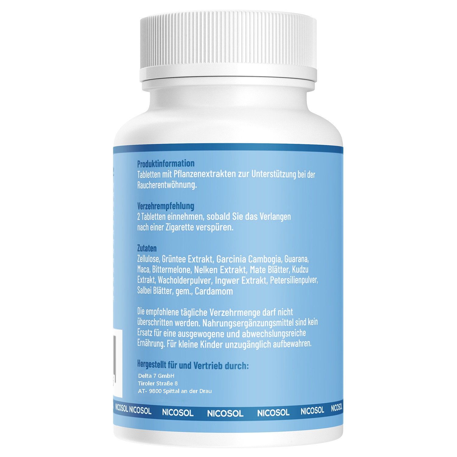Rückseite einer weißen Flasche mit blauem Etikett. Text: Produktinformationen, Verzehrempfehlung, Zutaten. Marke: NICOSOL.